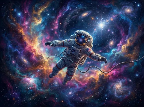 An astronaut floating in space surrounded by colorful nebulas