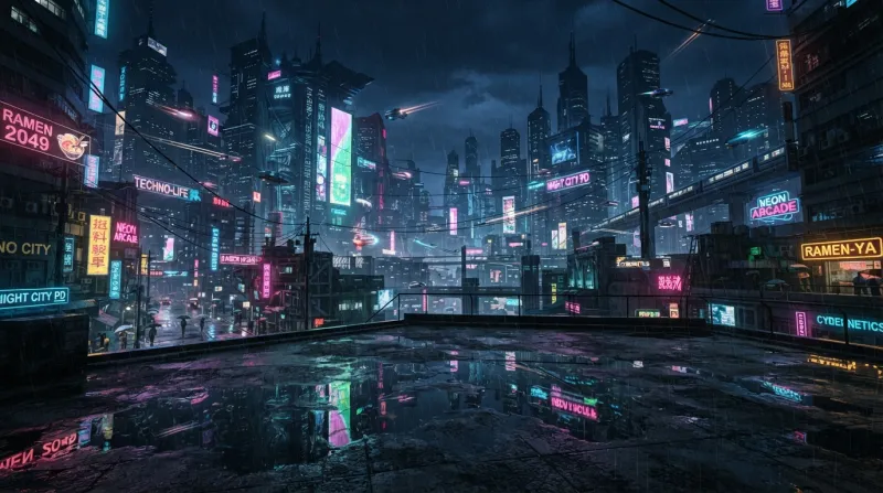 A futuristic cyberpunk city skyline at night with neon signs reflecting in rain puddles