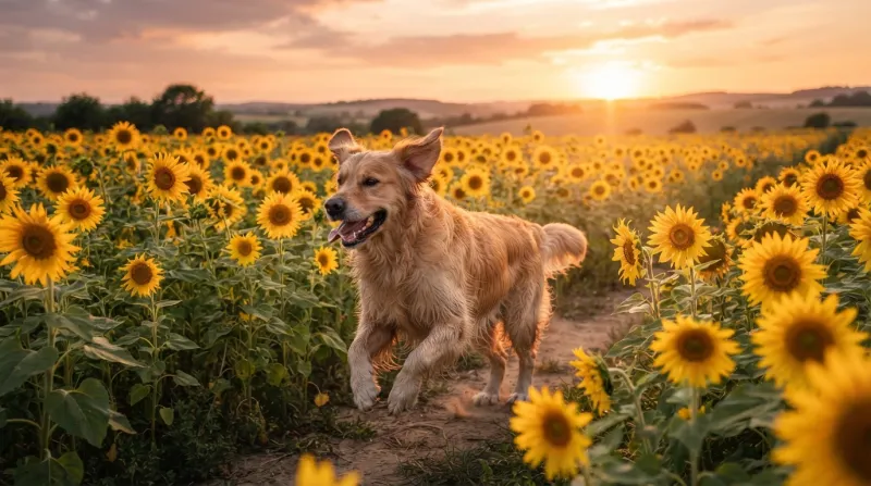 A majestic golden retriever running through a field of sunflowers at sunset