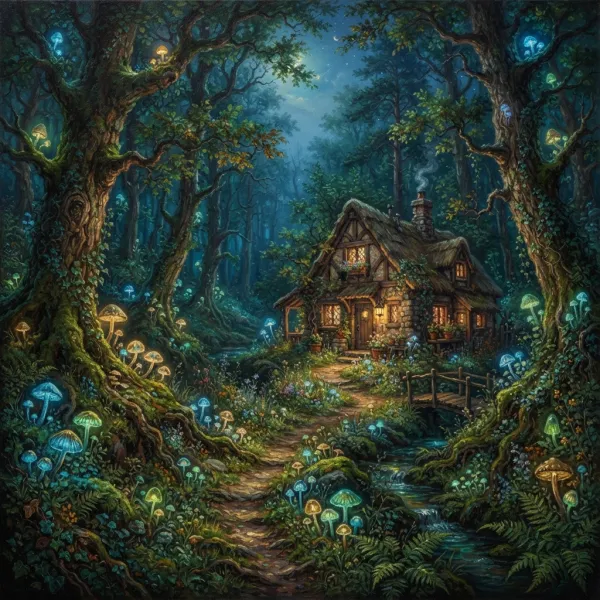 A magical forest with glowing mushrooms and a hidden cottage