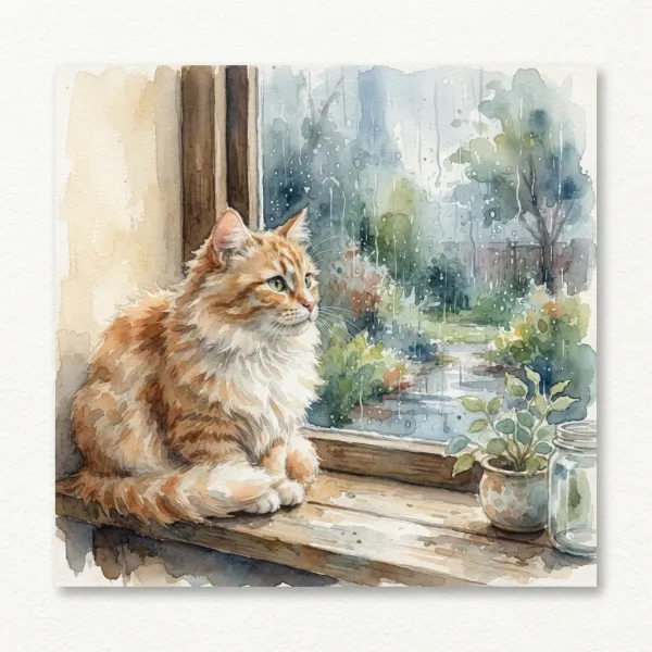 A cute fluffy cat sitting on a windowsill looking at the rain
