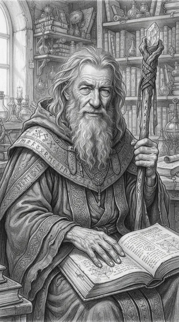 A detailed hand-drawn portrait of a wise old wizard