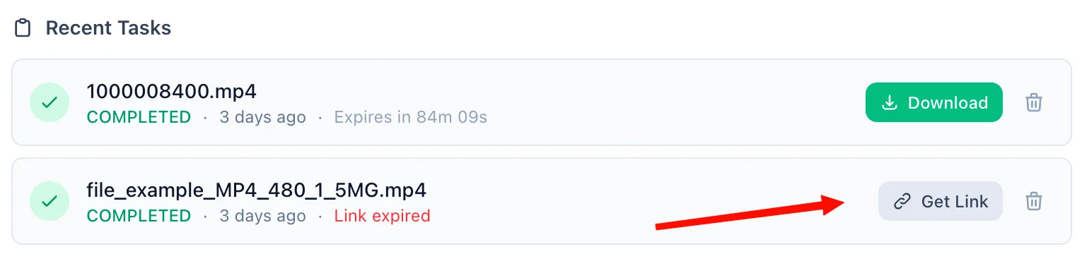 Refresh Link button on an expired task