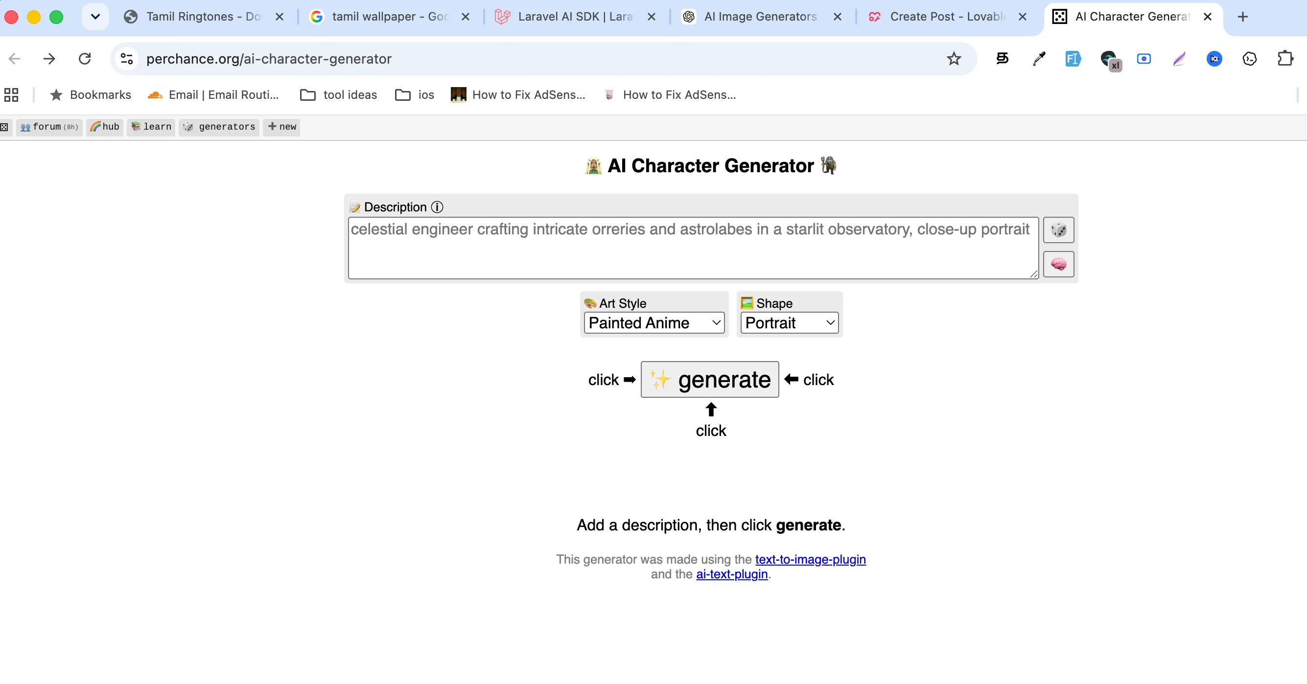 Perchance AI image generator homepage with text prompt input and generated artwork