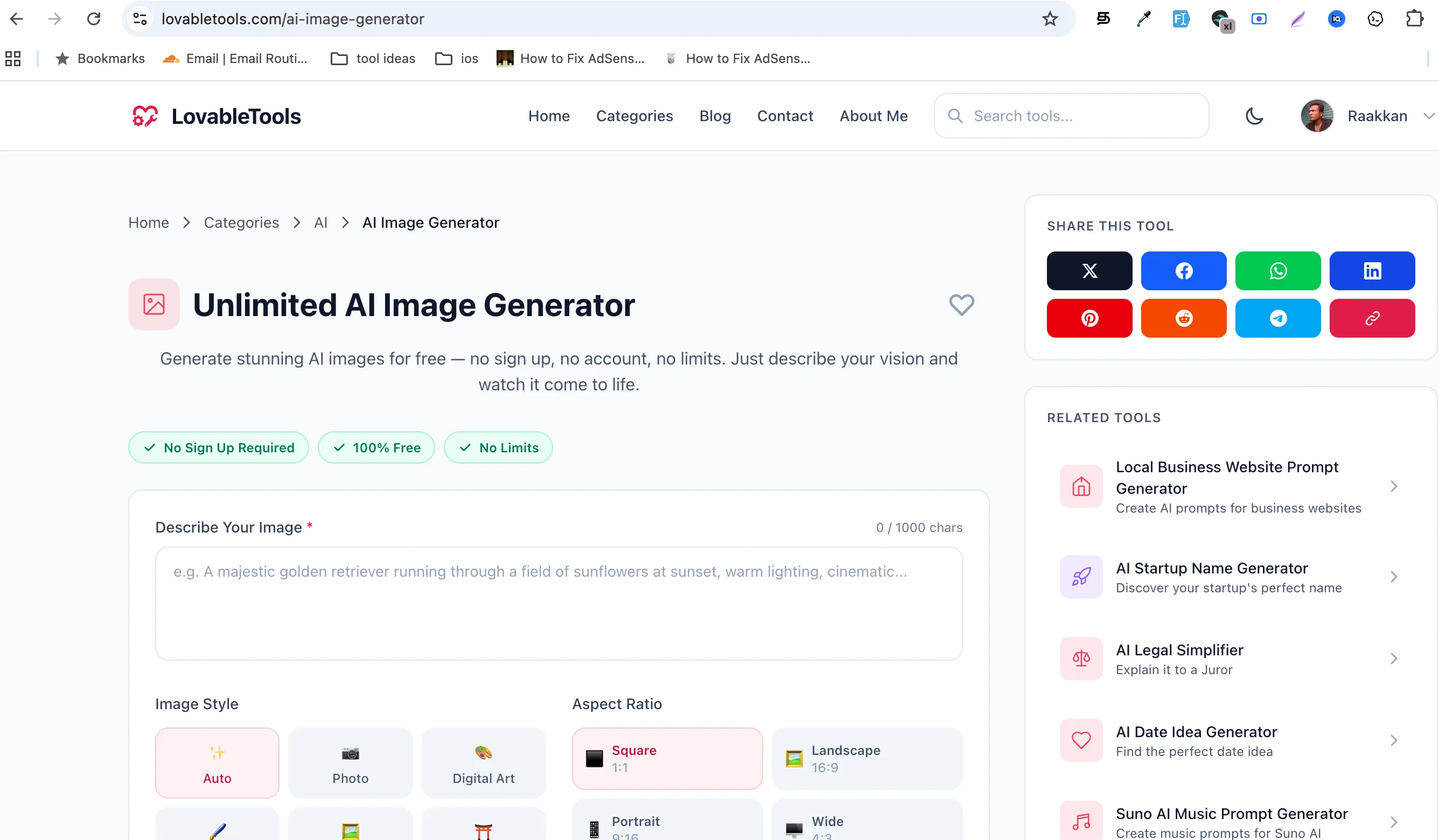 LovableTools AI Image Generator interface showing the text-to-image generation page