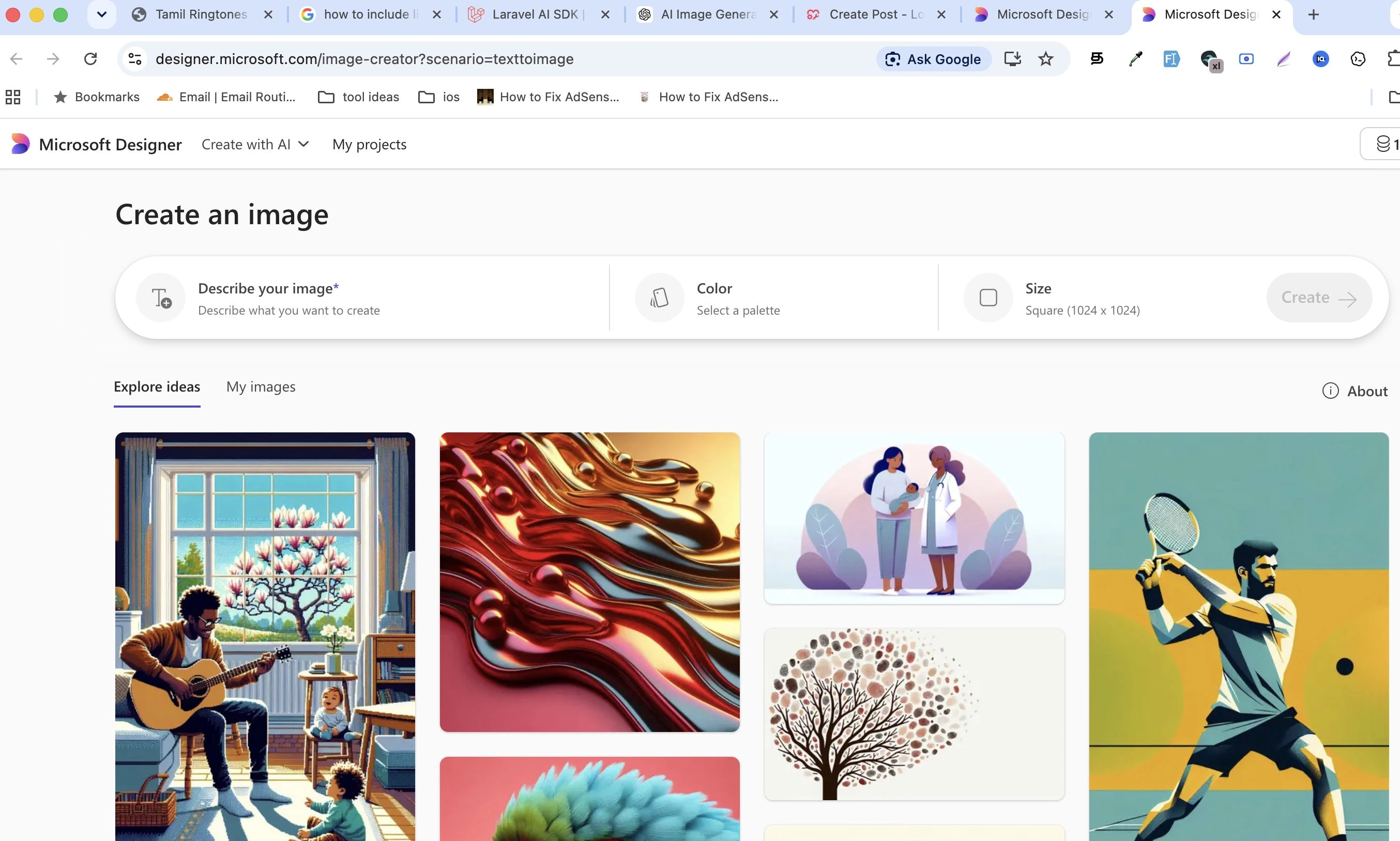 Microsoft Designer AI image generator interface with text prompt and generated images