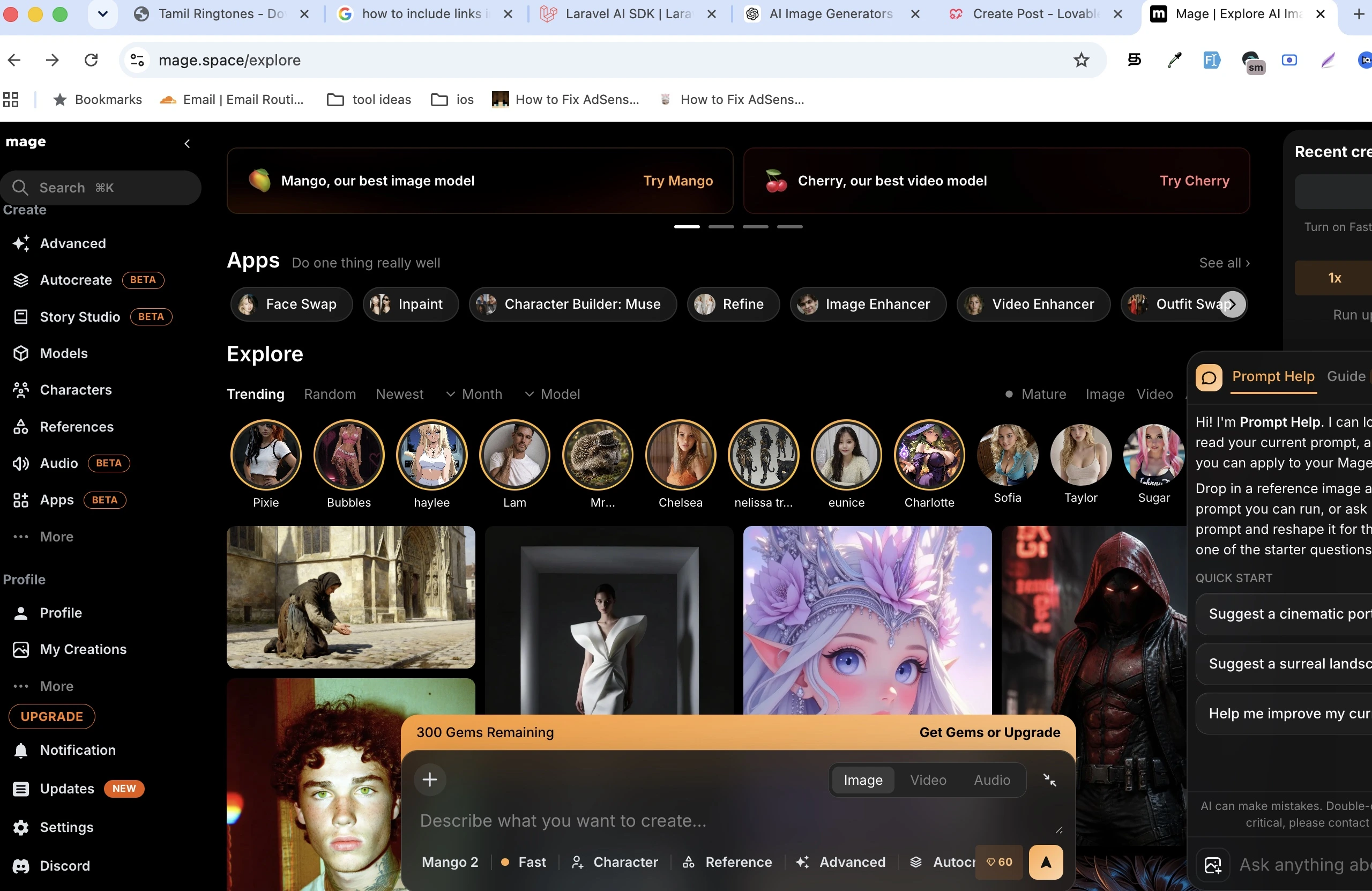 Mage.Space AI image generator page featuring Stable Diffusion image generation