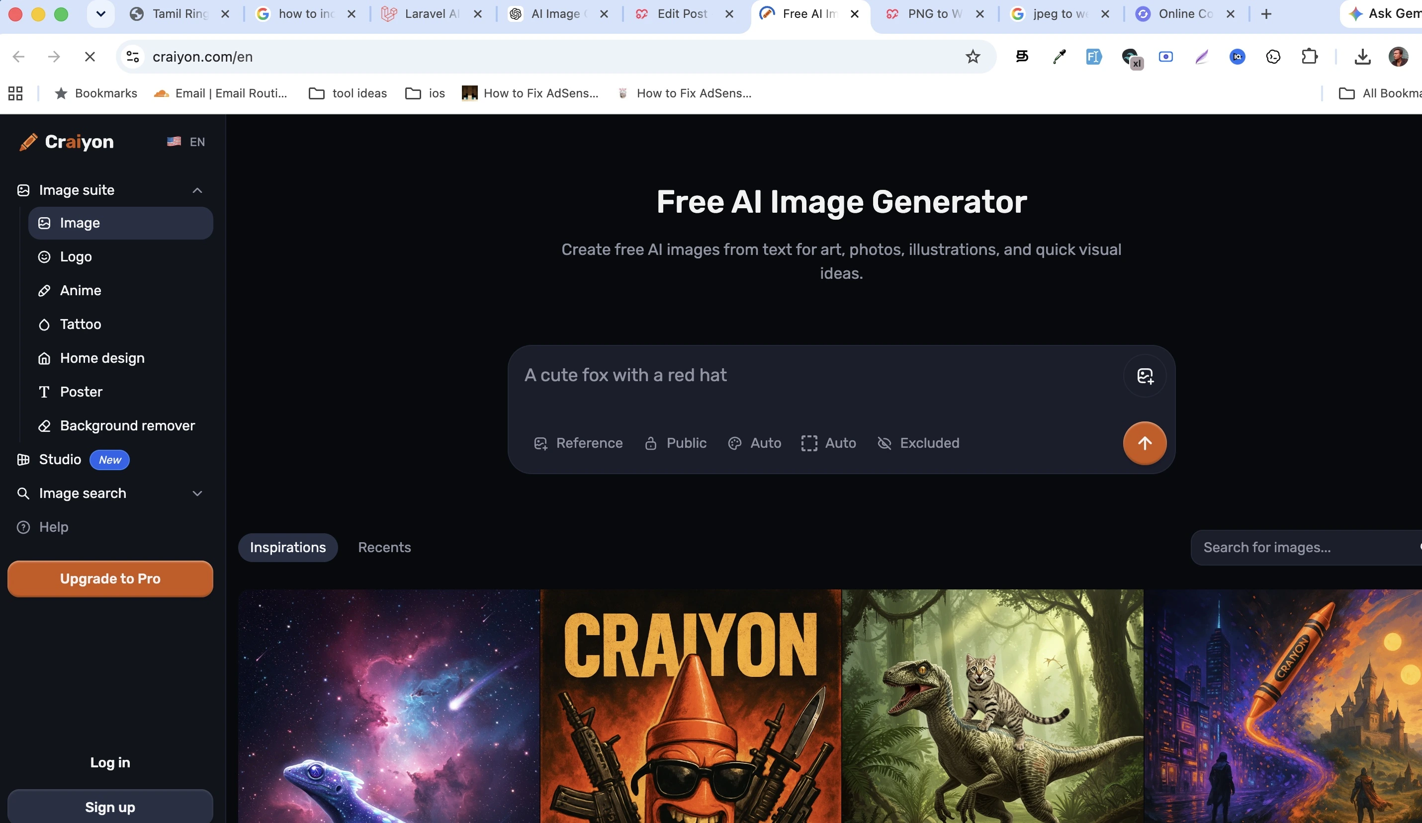 Craiyon AI image generator interface displaying prompt box and AI-generated images