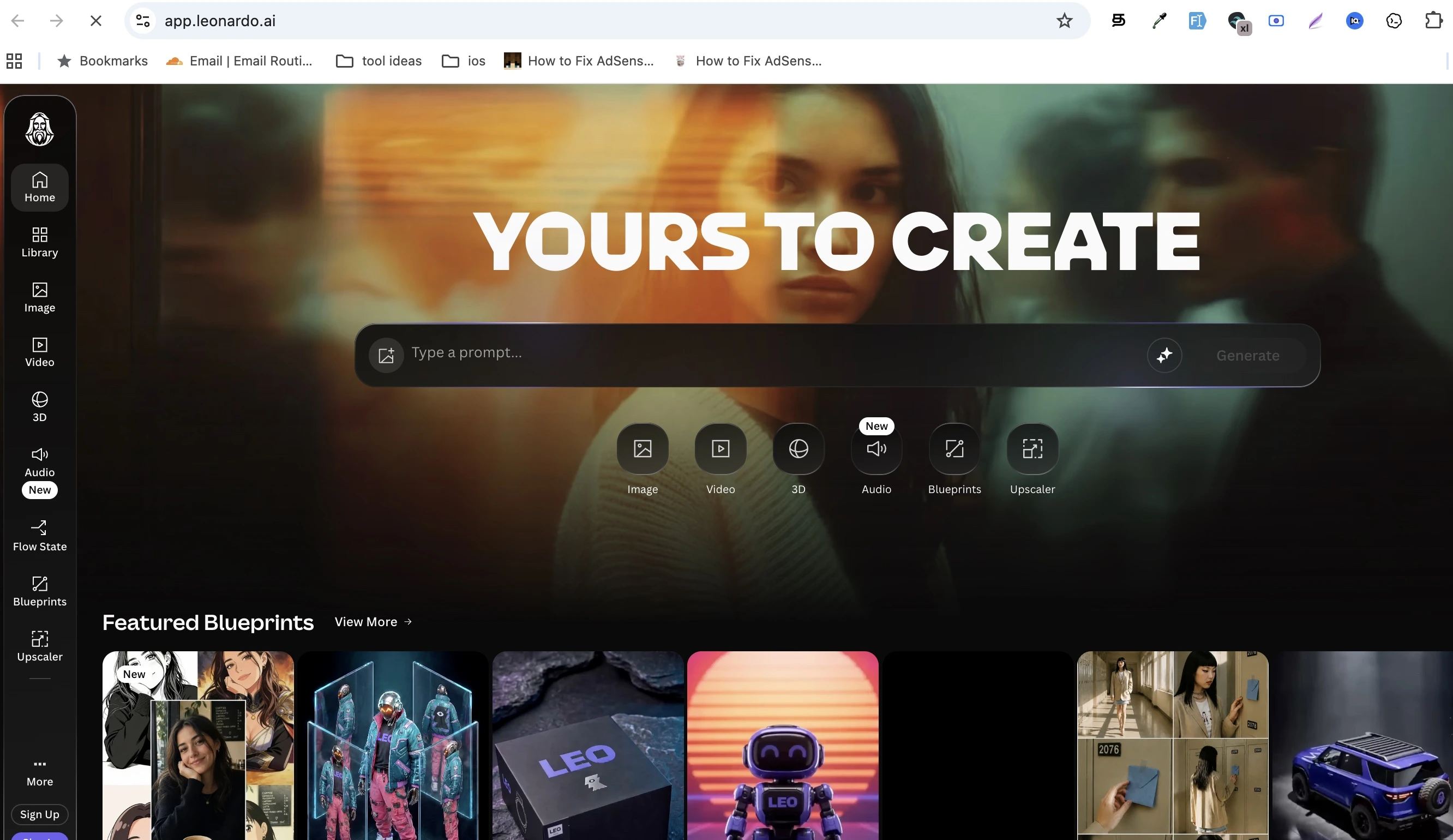 Leonardo AI dashboard showing AI image generation workspace and prompt editor