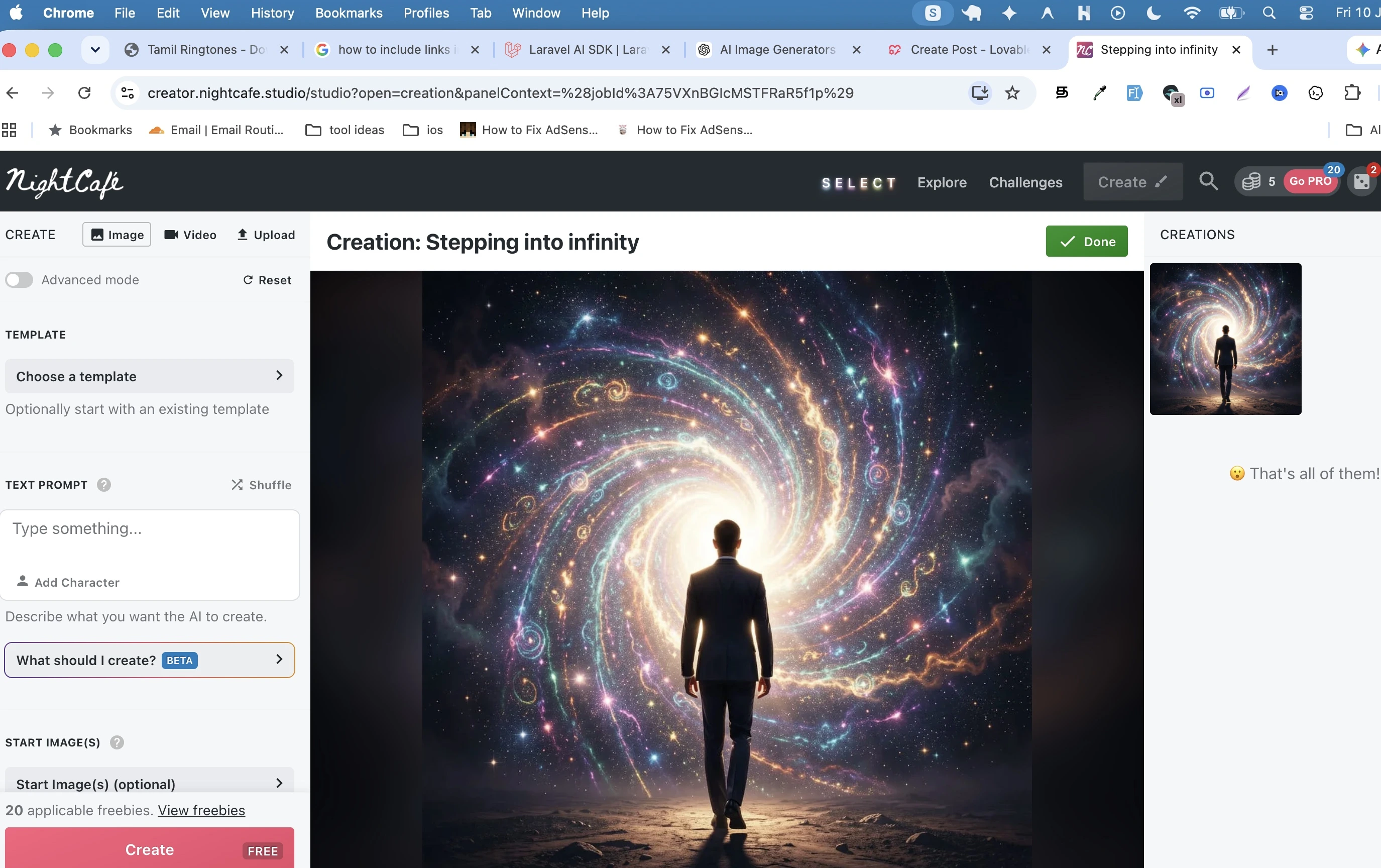 NightCafe Creator interface showing AI art generator and prompt settings