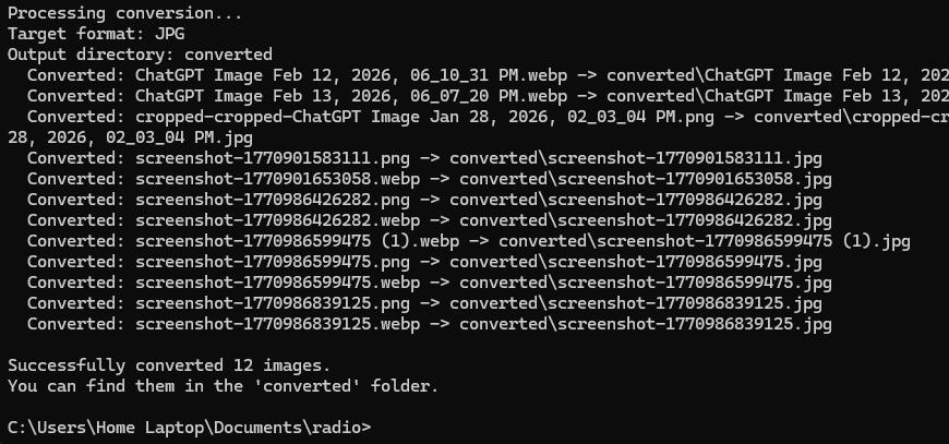 Example terminal messages displaying successful image conversions 