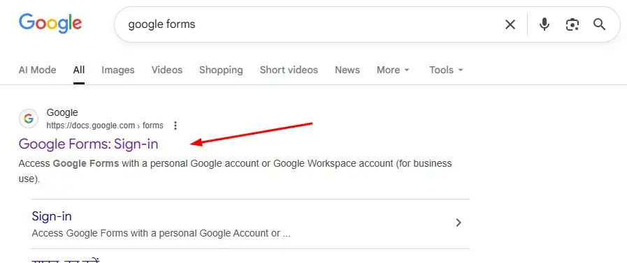 Google Forms homepage showing the search results and access link.