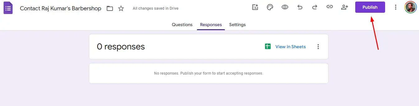 Clicking the "Publish" button in the top-right corner to publish the form.