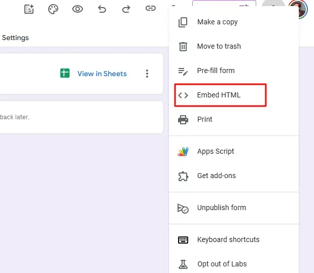 Accessing the "Embed HTML" section within the sharing options.