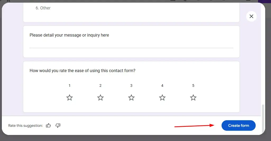 The Create Form button at the bottom of the AI suggestions panel.