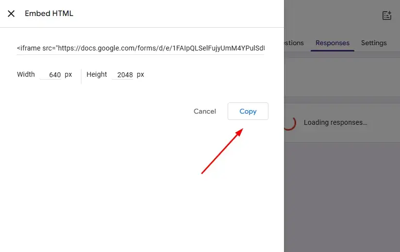 Customizing the iframe width and height before copying the embed code.