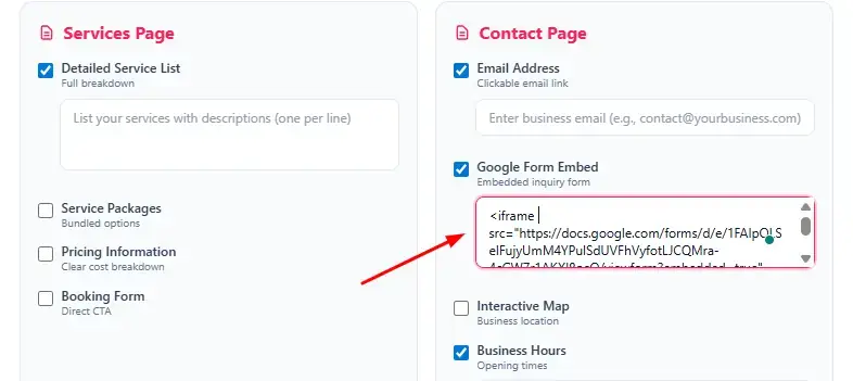 use google form embed in Local Business Website Prompt Generator tool