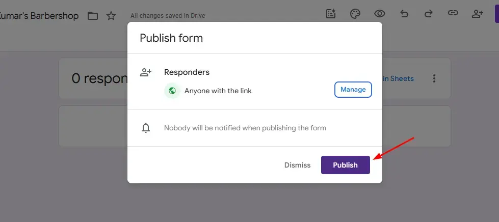 The "Publish Form" dialog box showing privacy and collection settings.