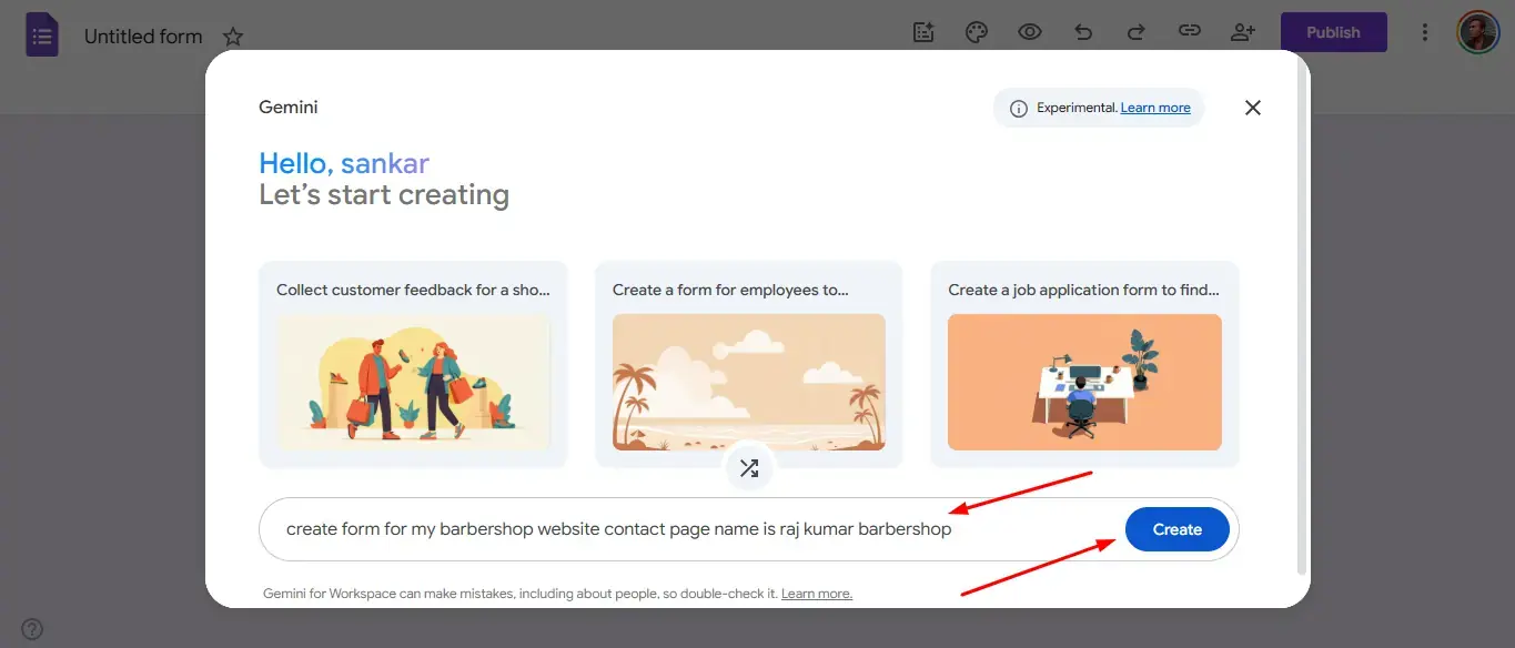The Gemini AI "Help me create a form" dialog box for entering prompts.