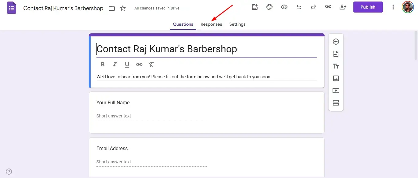 The main Google Forms editor interface with the sidebar for adding questions.