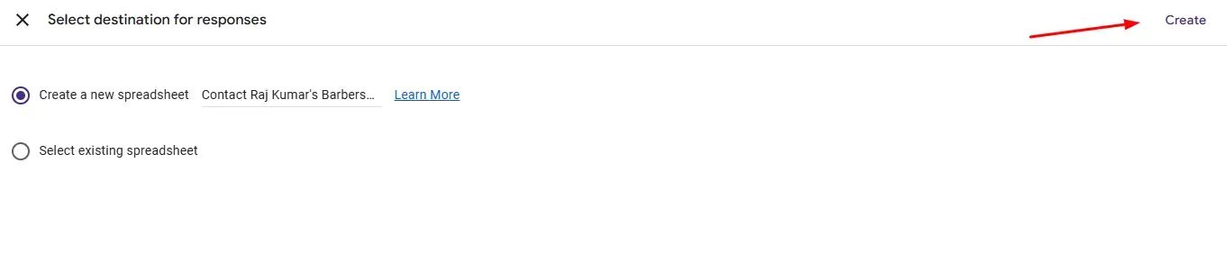 The "Select destination for responses" dialog box to create a new sheet.
