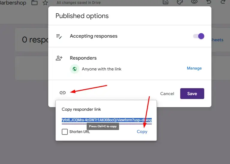 Copying the shareable link from the Send Published options.