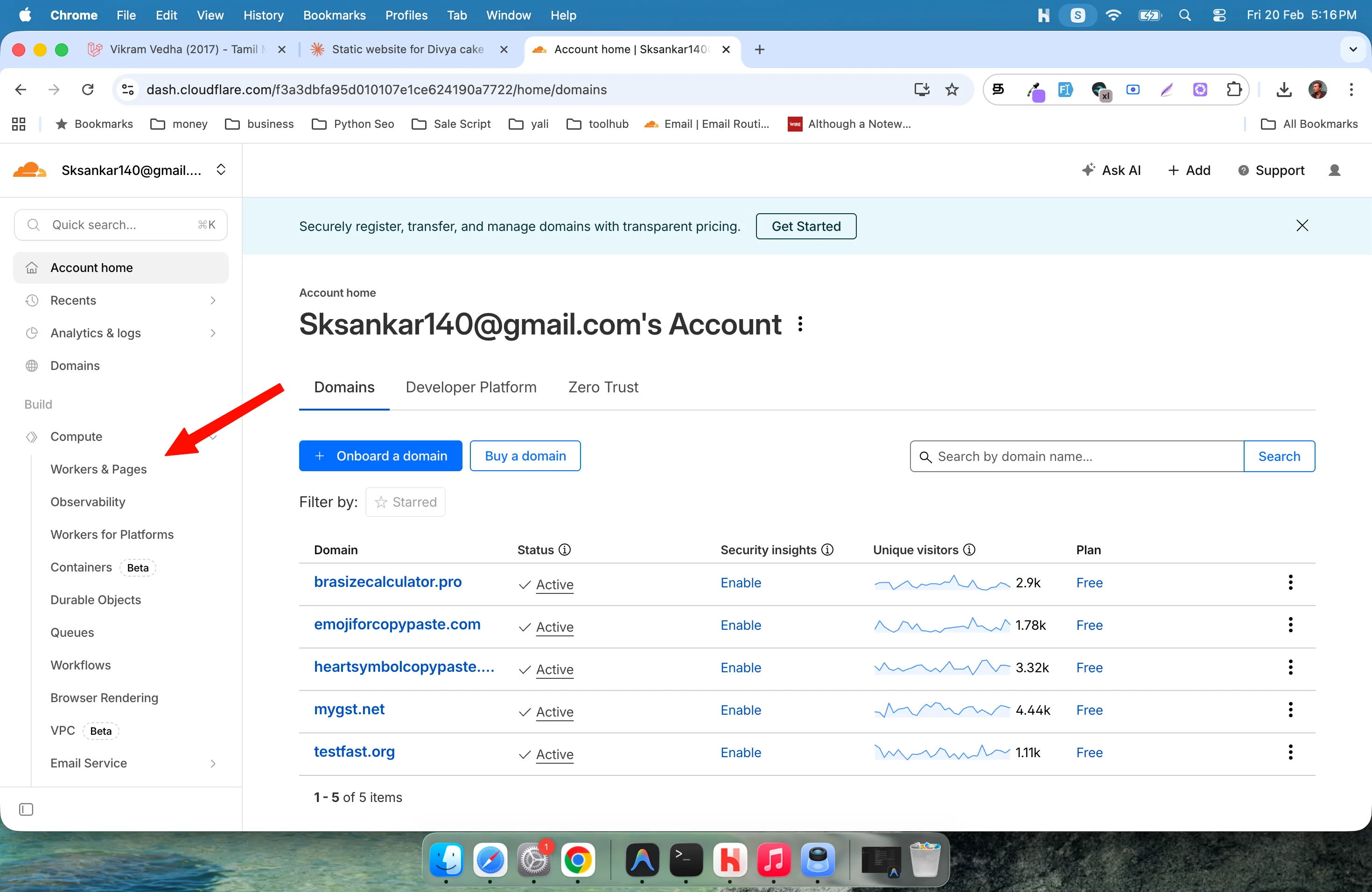 Cloudflare dashboard showing Workers & Pages section