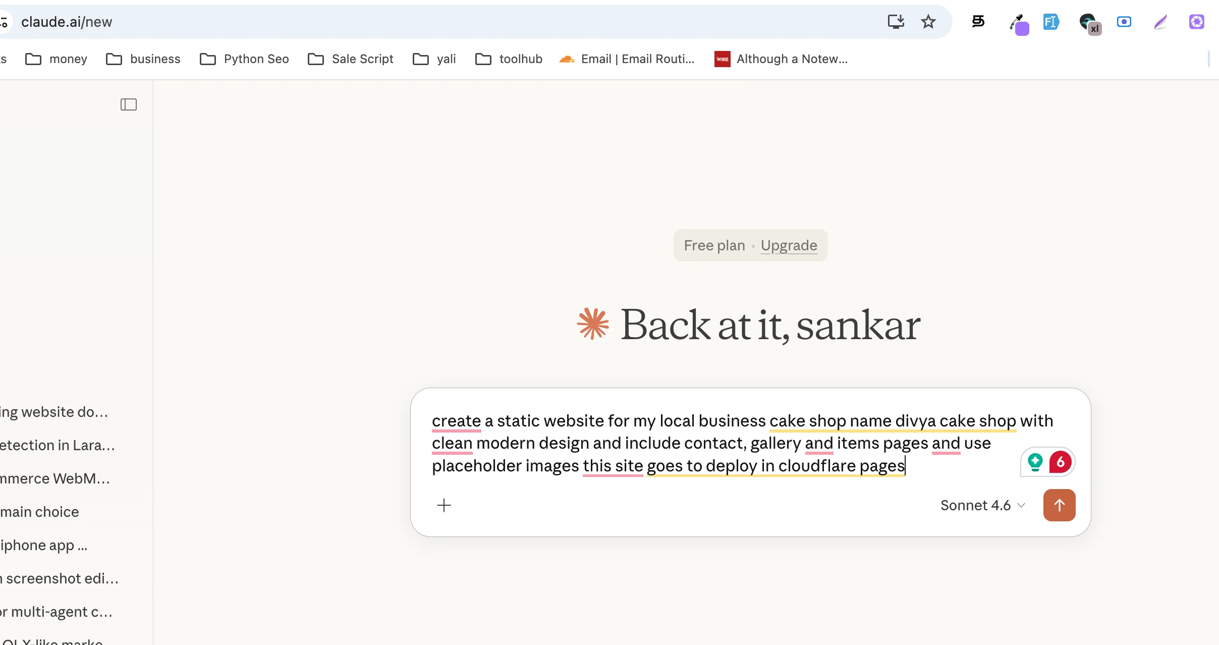 Claude AI chat with website generation prompt entered