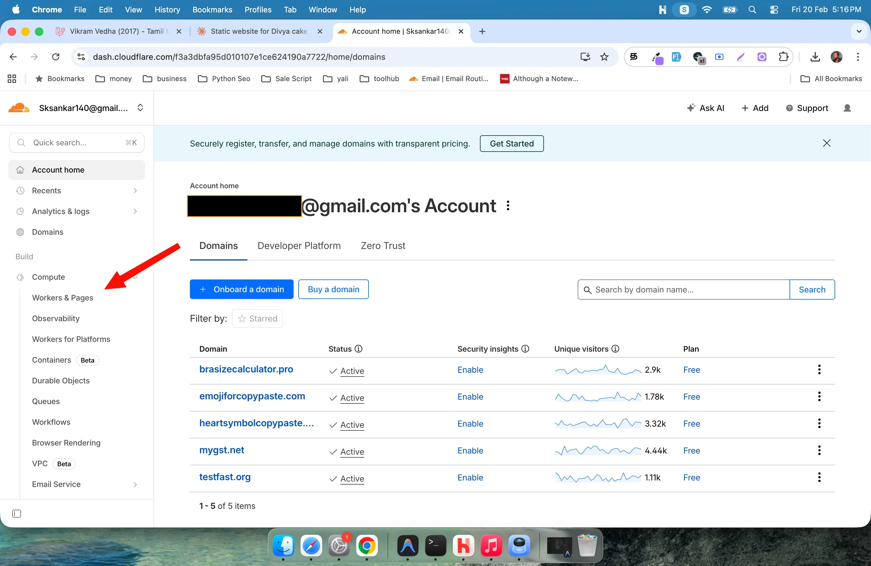 Cloudflare dashboard showing Workers & Pages section