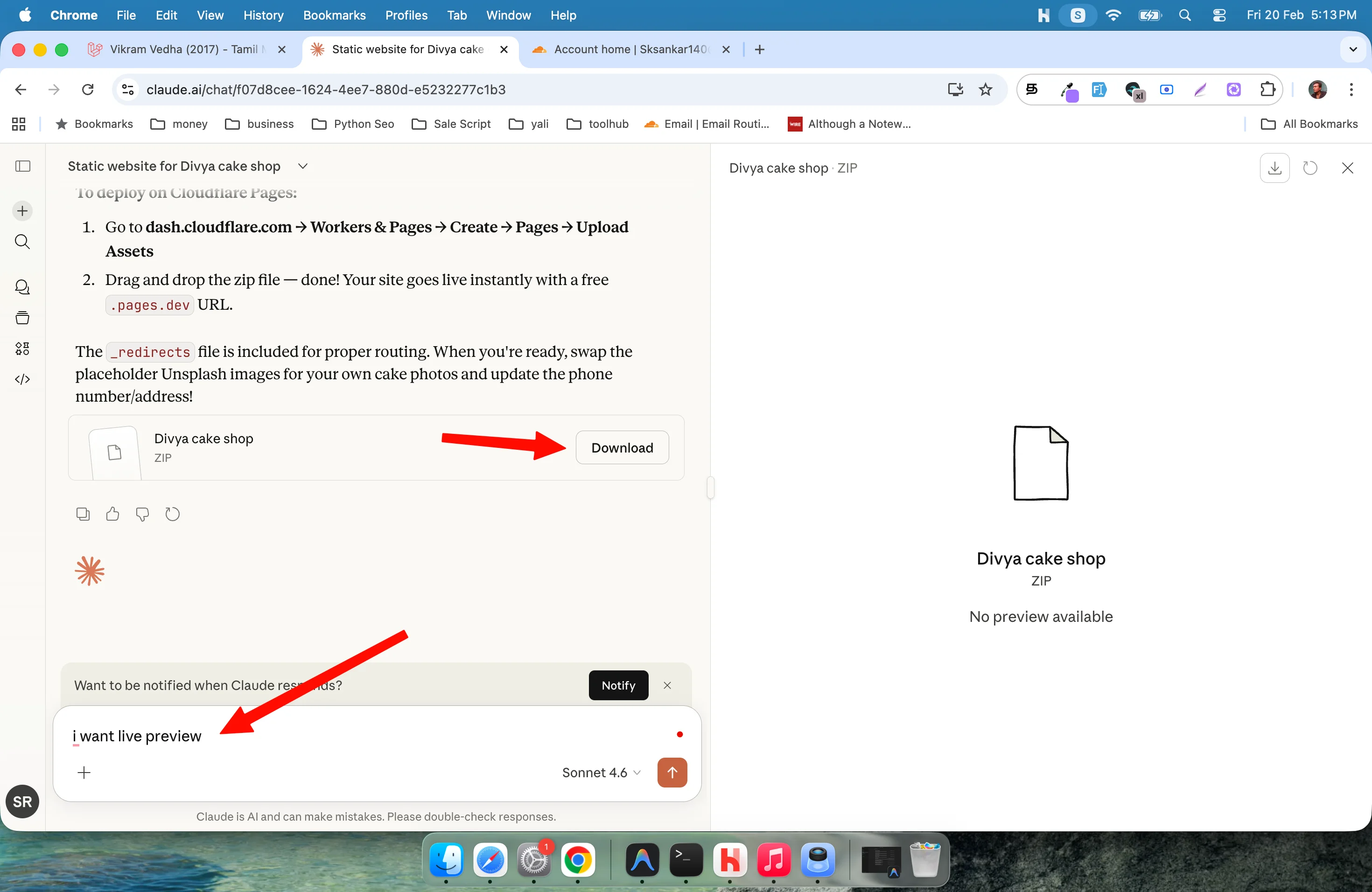 Claude generated website files and ZIP download option
