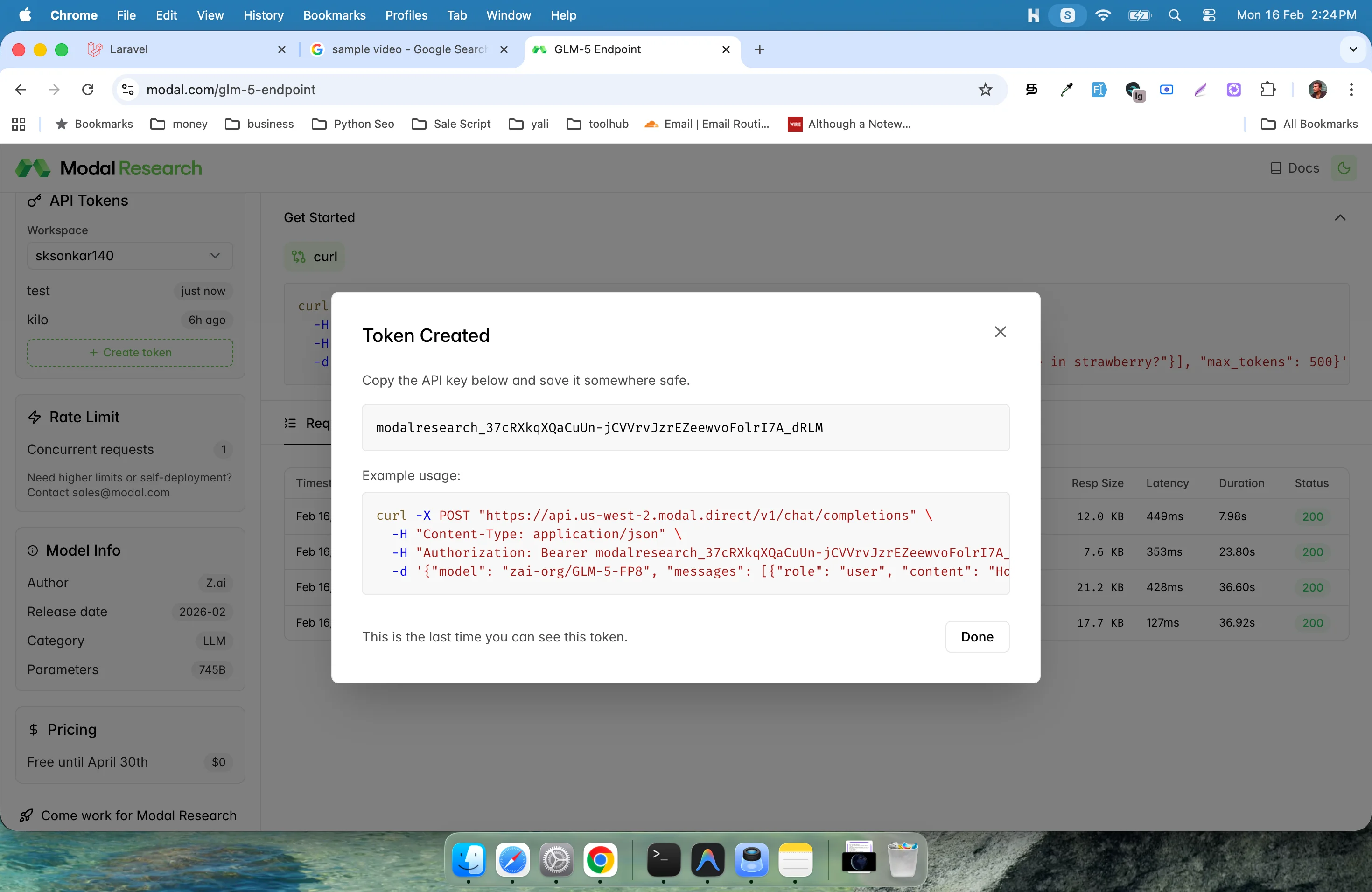 Popup dialog displaying generated GLM-5 API token 