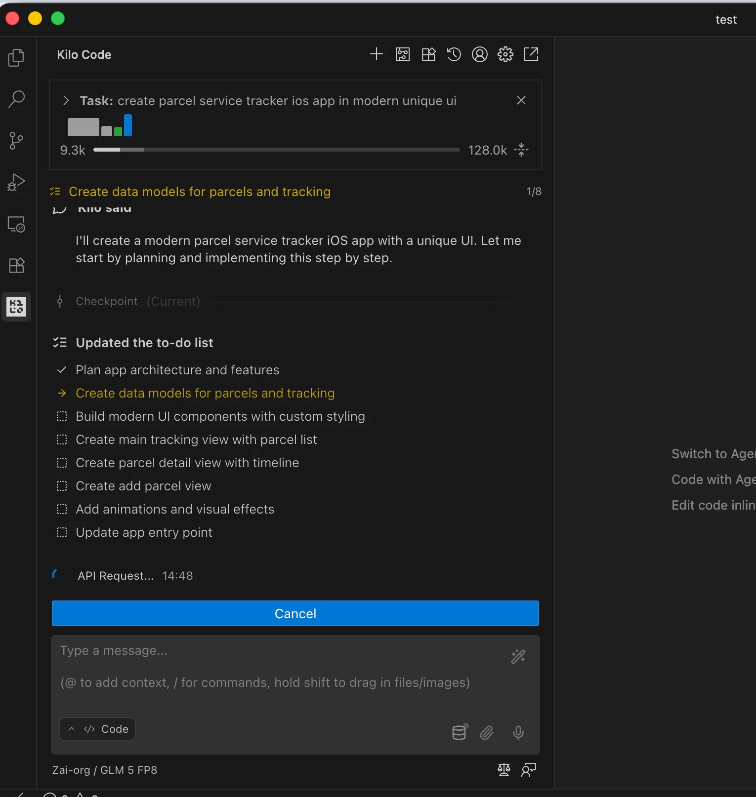 VS Code window showing AI-generated code response from GLM-5