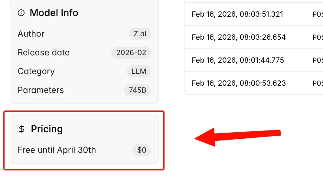 Modal dashboard left menu showing pricing section and free until April 30 notice  