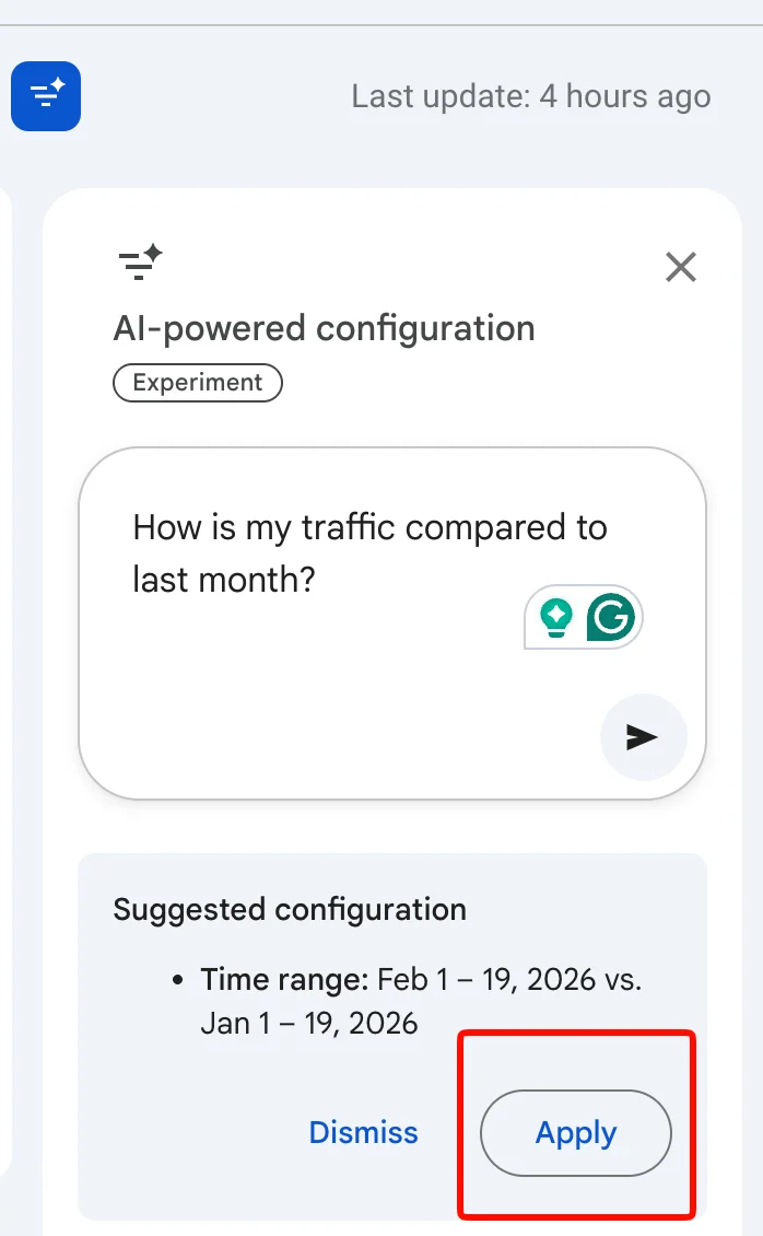 AI suggested configuration with Apply and Dismiss buttons