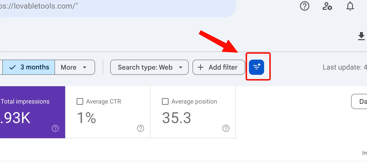 AI powered configuration icon in Google Search Console performance report 