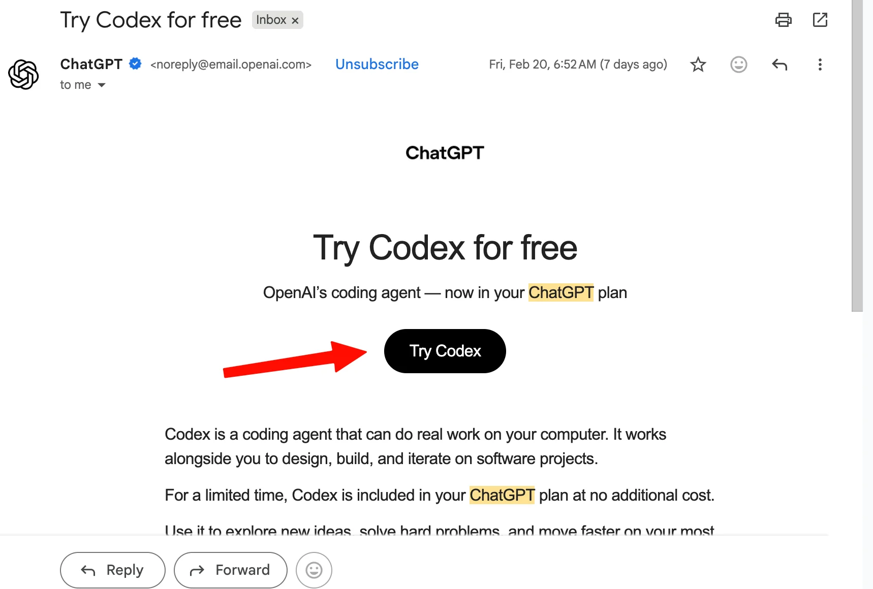 Email opened with visible “Try Codex” button highlighted