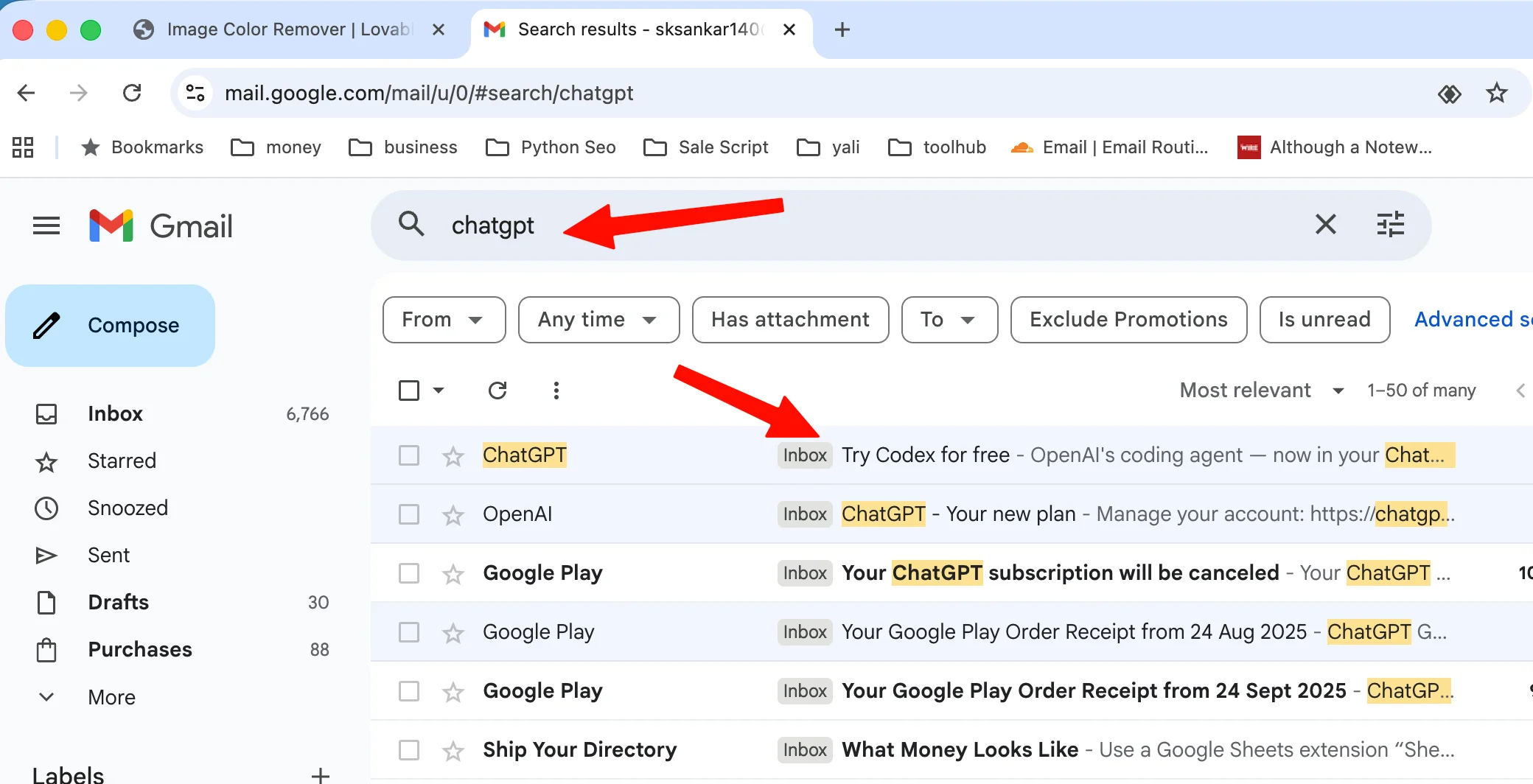 Gmail inbox showing search results for ChatGPT email with “Try Codex for Free” subject line