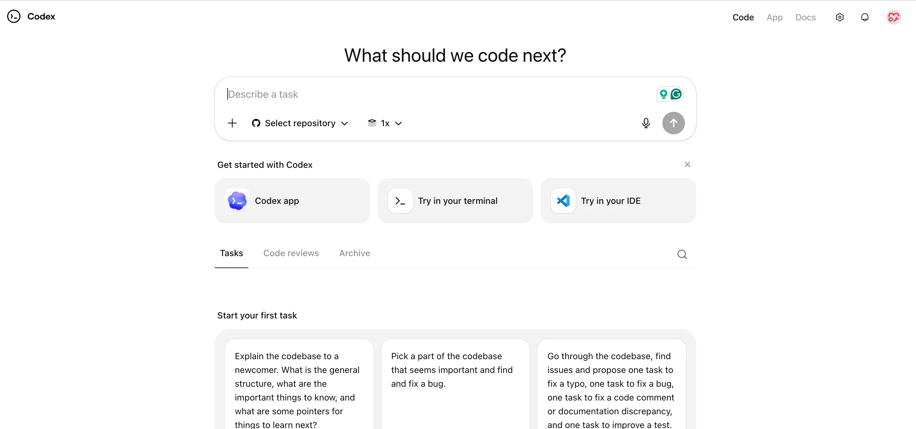 ChatGPT interface showing Codex model selected and ready for coding 