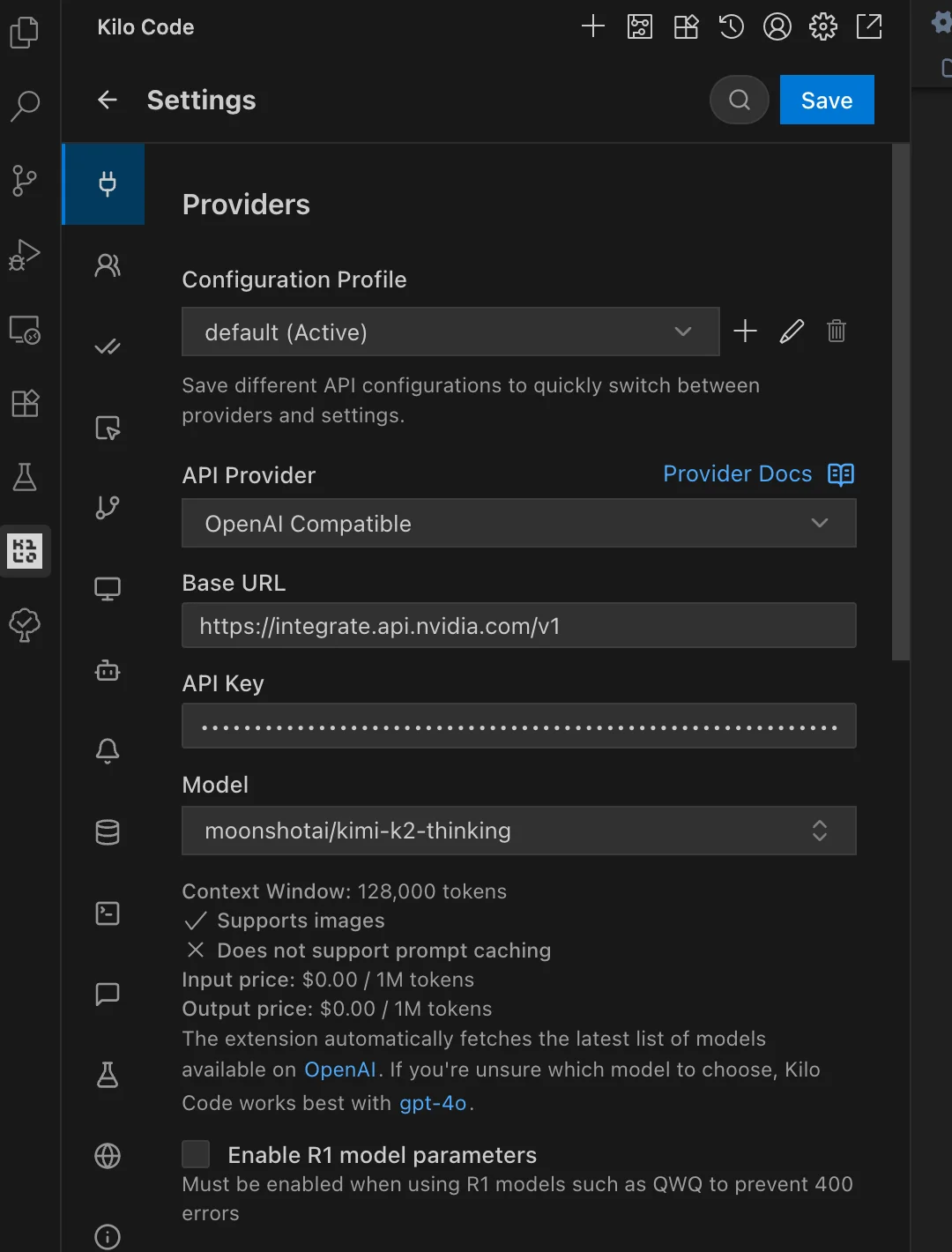 Kilo Code settings with NVIDIA API base URL and API key configuration 