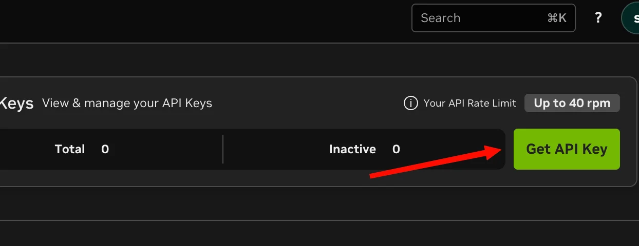 NVIDIA dashboard showing Get API Key button 