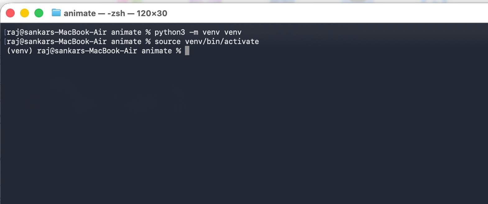 Terminal window showing Python virtual environment setup commands